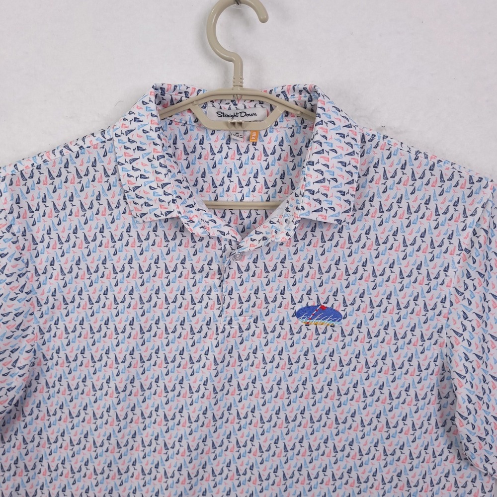 Straight Down Polo Shirt Mens Medium White Sailboat Print Golf Nautical